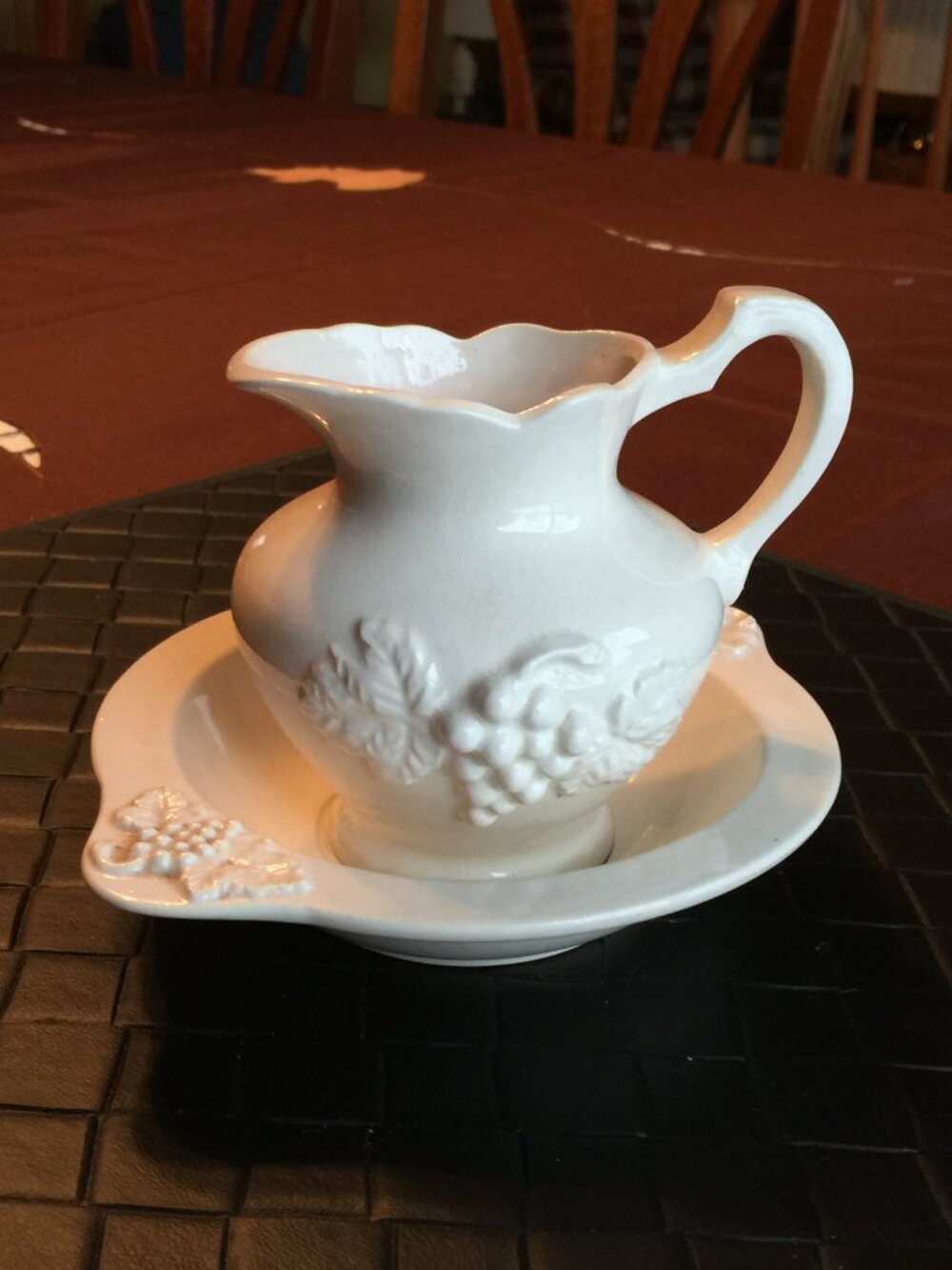 Vintage Lefton Small Pitcher & Bowl Embossed with Raised Grapes Ivory